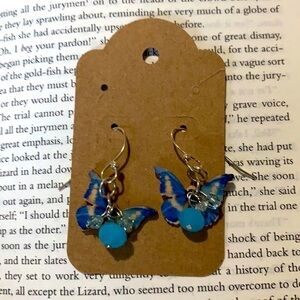 Sterling‎ silver blue theme wood butterfly earrings nwt